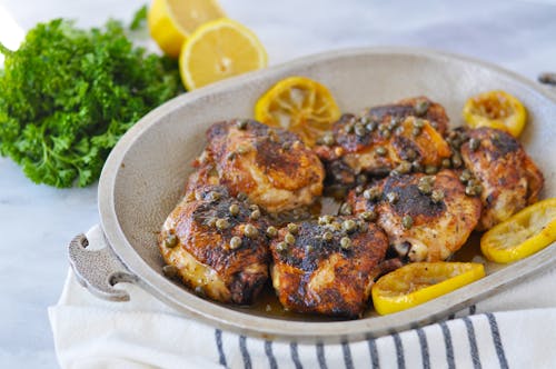 Crispy keto chicken thighs with lemon butter caper sauce