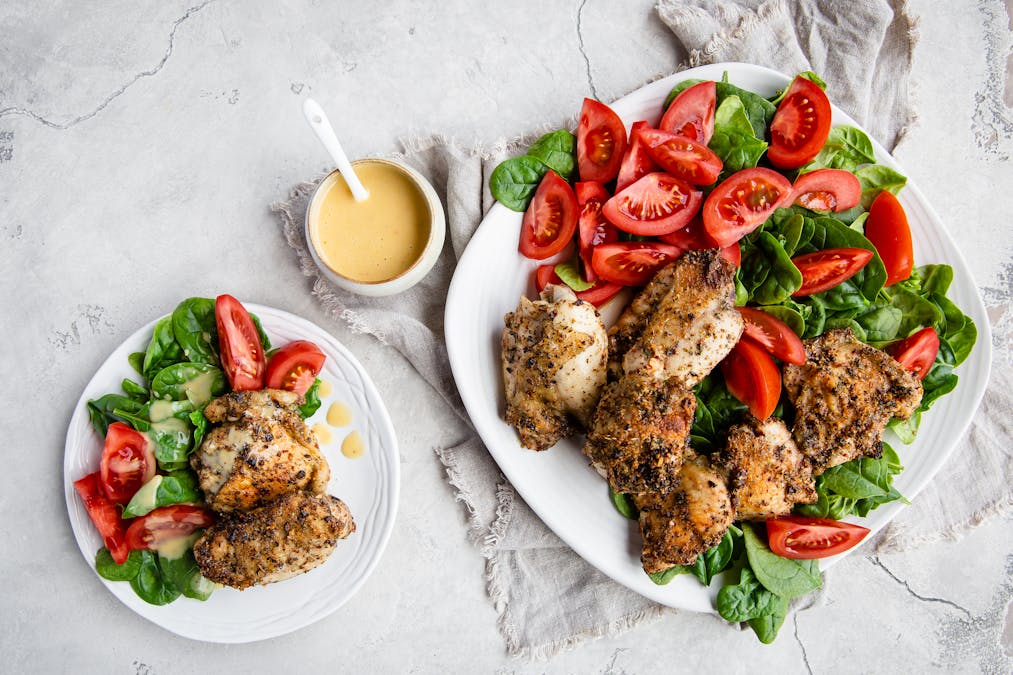 Keto crispy chicken with creamy dijon lemon dressing